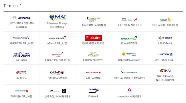 Terminal1 : LUFTHANSA GERMAN AIRLINES, Myanmar Airways International, SHANDONG AIRLINES, SHENZHEN AIRLINES, SINGAPORE AIRLINES, AMERICAN AIRLINES, ASIANA AIRLINES, EMIRATES AIRLINE, EVA AIRWAYS, AIR ASTANA, Air Busan, ETHIOPIAN AIRLINES, ETHAD AIRWAYS, Uzbekistan Airways, UNITED AIRLINES, Air China, QATAR AIRWAYS, AIR CANADA, CATHAY PACIFIC AIRWAYS, THAI AIRWAYS INTERNATIONAL, TURKISH AIRLINES, LOT POLISH AIRSLINES, FINNAIR, HAWAIIAN AIRLINES